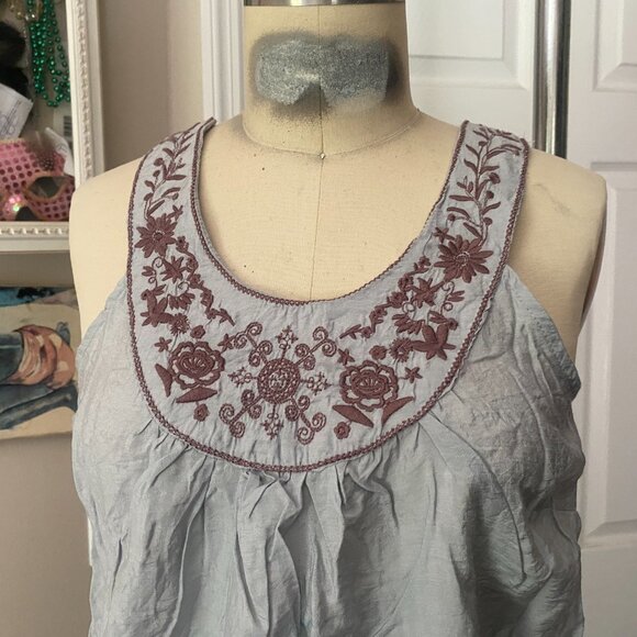 MINE Pale Gray COTTON Embroidered Shirred Drop Waist Tunic Shirt *SMALL* Y2K - Picture 2 of 6